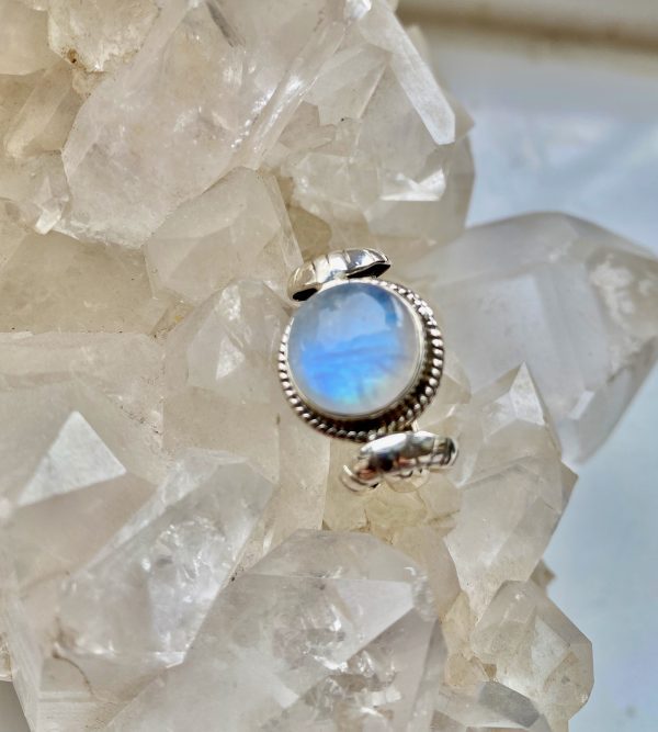 rainbow moonstone triple goddess ring in silver