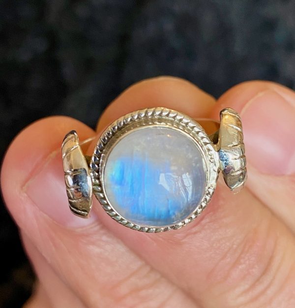 rainbow moonstone triple goddess ring in silver