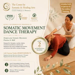 Promotional poster for Level 2 Intermediate Training in Somatic Movement Dance Therapy, with a practitioner guiding a participant on a mat. Includes in-person and online training information.
