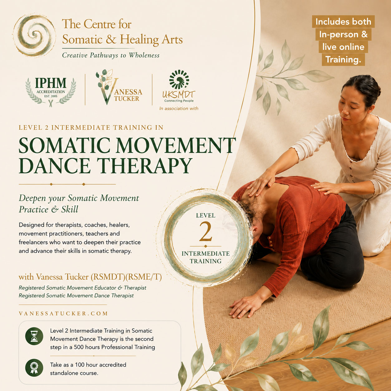 Promotional poster for Level 2 Intermediate Training in Somatic Movement Dance Therapy, with a practitioner guiding a participant on a mat. Includes in-person and online training information.